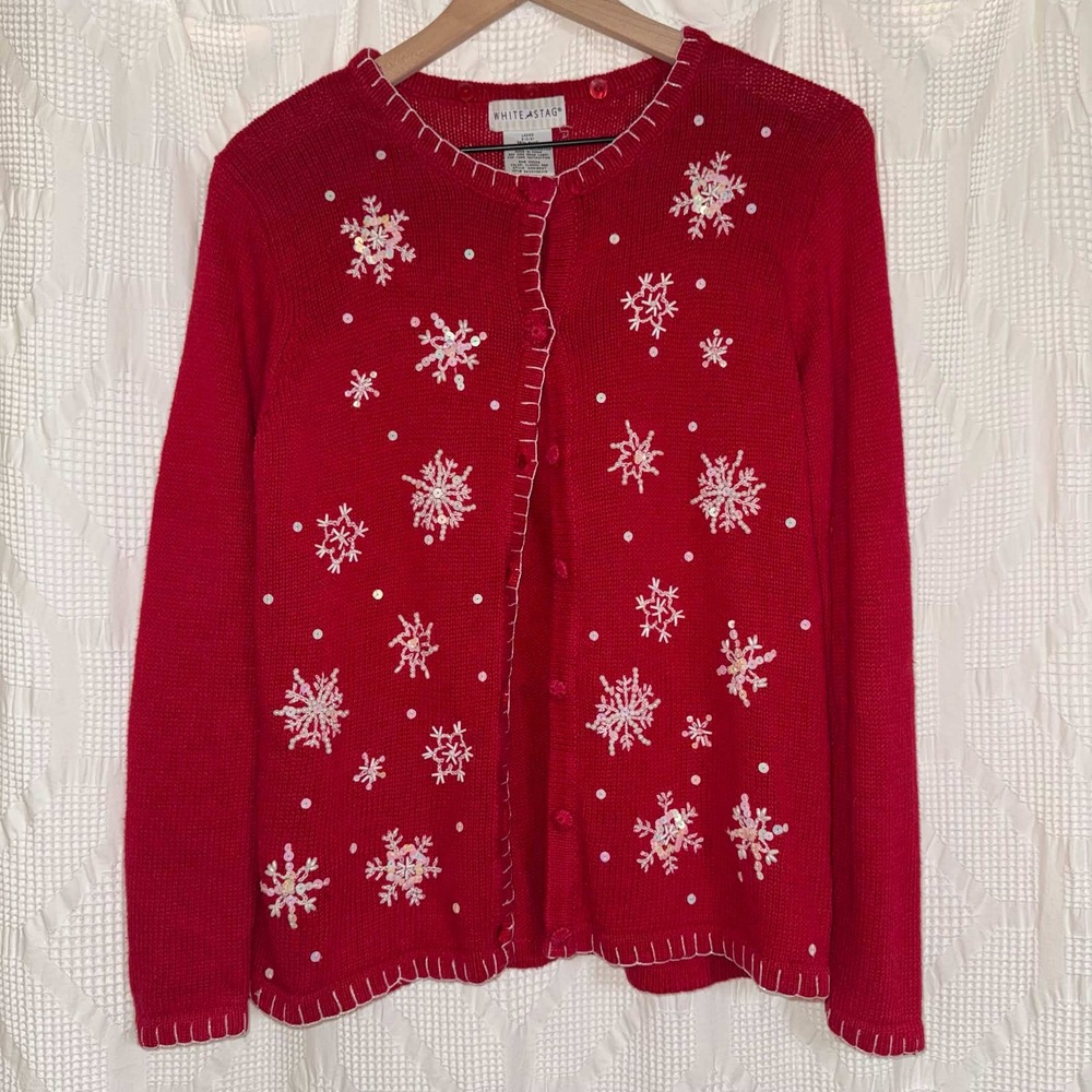 White Stag Cardigan Red Snowflake Sequin Beaded Button Up Sweater Small 4/6